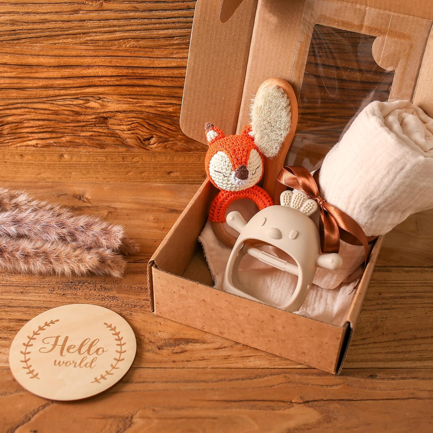 YOUUYS Baby Gift Set for Newborn - Baby Essential Bath Basket Gift Set with Baby Blanket Baby Rattle Teether Toy & Hair Brush Newborn Shower Gift for Baby Girls Boys 6PCS (Orange Fox)