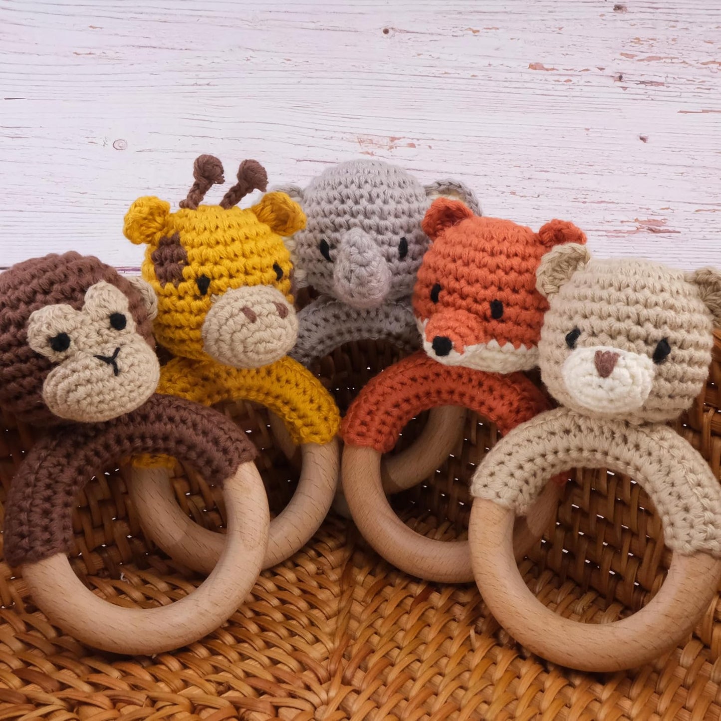 Joliecraft Safari Animals Wooden Baby Rattle Toys Stuffed Crochet Rattle with Teether Ring for Newborn, Gray Elephant