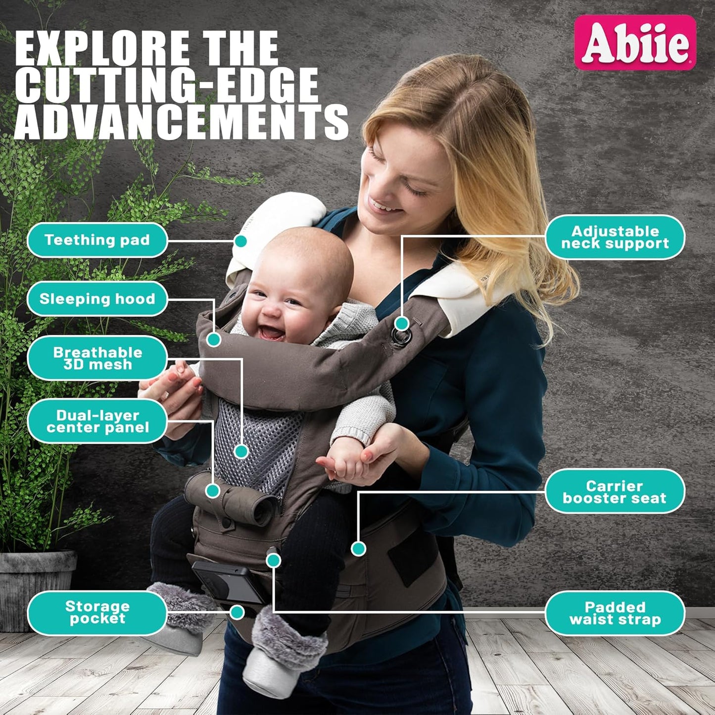 Abiie HUGGS 3-in-1 Baby Carrier w/Hip Seat - Front Facing, Hip Hugger, Back Baby Carrier - Healthy Sitting (M) Position, 3 Mos.-Toddler - Buckle Type Closure - Approved by US Safety Standards - Gray