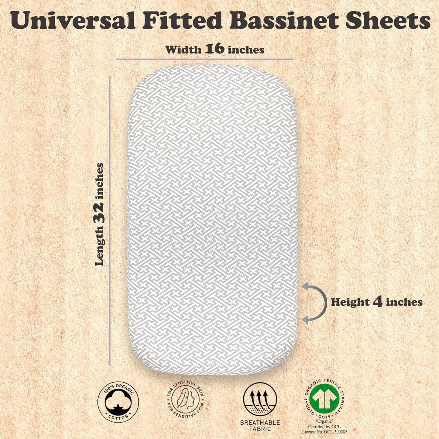 2-Pack Organic Fitted Bassinet Sheets, Compatible with Halo, Snoo, Graco, Dream On Me, Delta, and Other Standard Size Bassinets - Fits Oval, Hourglass, & Rectangle Shapes (Size 32 x 16 x 4 Inches)