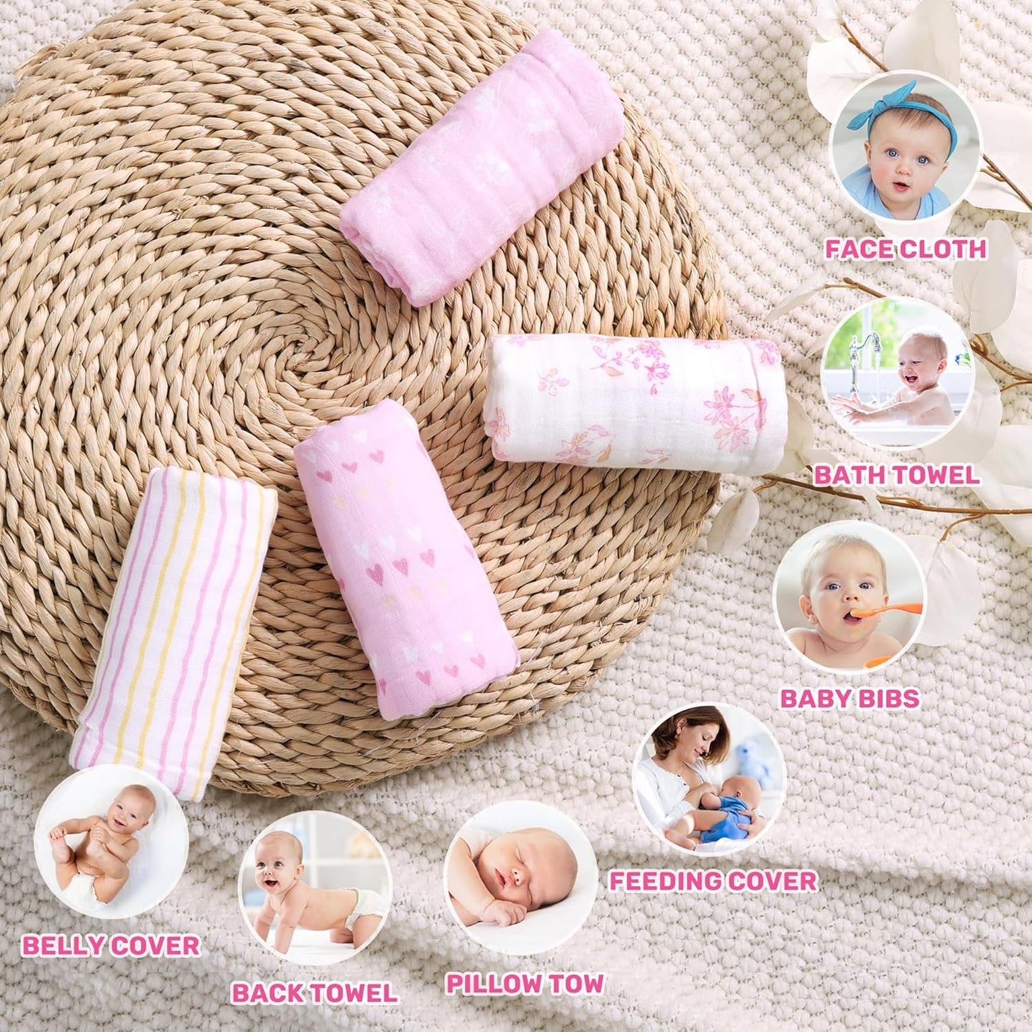 Viviland Baby Muslin Burp Cloths, Super Absorbent Washcloths for Baby Girl and Boy, 10 x 20 inches 6-Layer Baby Bath Towels, Pink Flowers & Hearts 4 Pack
