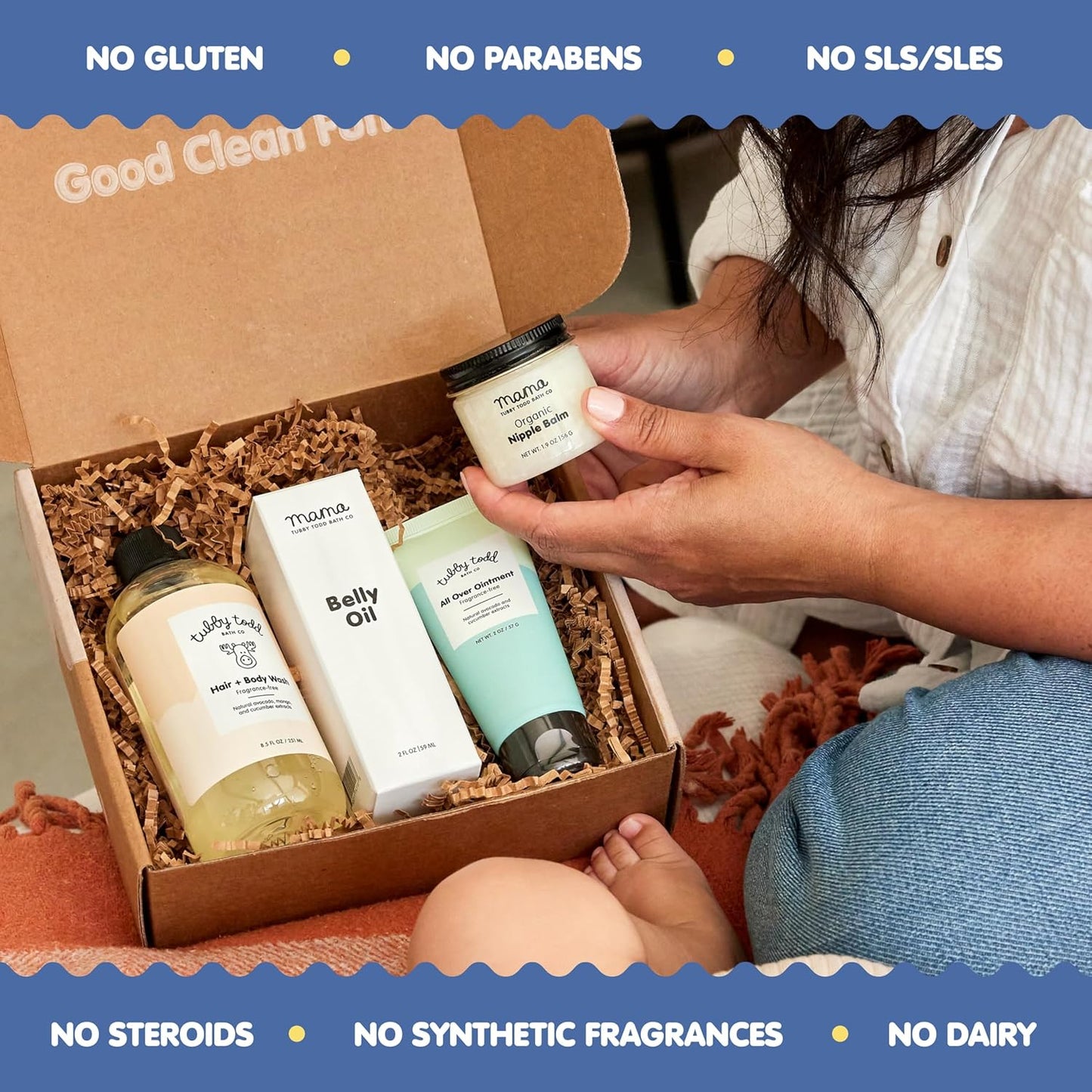 Tubby Todd New Baby & Mom Sensitive Skincare Kit - The Mama + Baby Gift Set - Baby Shampoo and Body Wash 8.5 Oz, All Over Ointment 2 Oz, Belly Oil 2 Fl Oz & Nipple Balm 1.9 Oz - Fragrance-Free