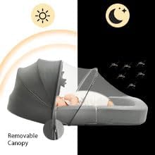 Todldler Baby Travel Bassinet Bed & Chair, Fold Out Sofa Couch Lounger with 2-1 Mosquito & Canopy, Foldable Portable Travel Cot with Foam Raised Safety Bumpers for Infant Toddlers 0-36 Months (Grey)