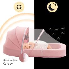 Todldler Baby Travel Bassinet Bed & Chair, Fold Out Sofa Couch Lounger with 2-1 Mosquito & Canopy, Foldable Portable Travel Cot with Foam Raised Safety Bumpers for Infant Toddlers 0-36 Months (Pink)