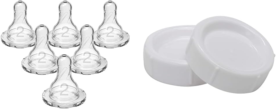 Dr. Brown's Natural Flow Level 2 Medium Flow 100% Silicone Nipples, Anti-Colic Baby Bottles, Storage Caps for Wide-Neck Bottles 2 Pack