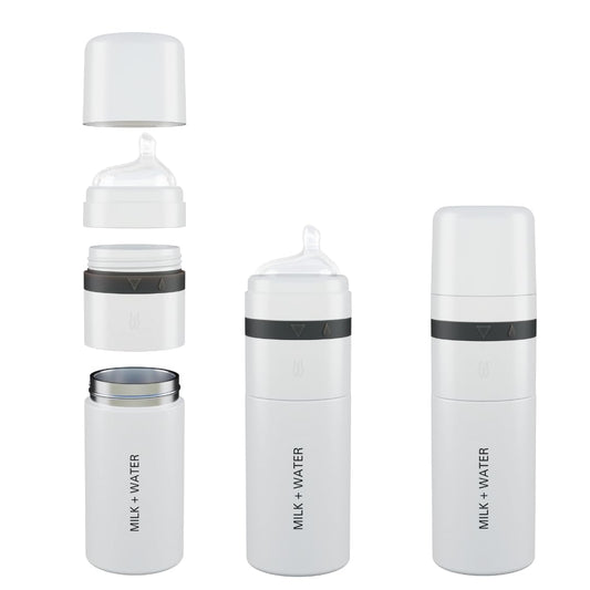 MILK & WATER All in One Baby Bottle & Baby Formula Dispenser On The Go, 9oz - Keeps Water Warm & Formula Fresh - Baby Formula Mixing Bottle with Anti Colic Nipple - Leak-Proof - 6+ Months (White)