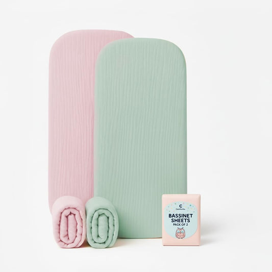 Muslin Bassinet Sheets Set of 2 Pink & Green Bassinet Cover Large Size 33x17 Inches, Soft Breathable Bassinet Mattress Cover, Stay Secure Fit, Gentle on Sensitive Skin, Cute & Vibrant Look