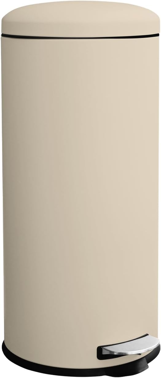 8 Gallon Trash Can, Stainless Steel Round Trash Can with Lid, Removal Inner Liner, Soft Close, Step on Pedal Trash bin for Kitchen, Office, Living Room or Bathroom, Cream