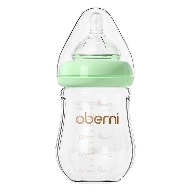 Glass Baby Bottles,Anti Colic Breastfeeding Bottle with Natural Response Nipple Size S,Wide Neck Slow Flow Baby Bottle for Baby,Newborn,Preemie 0-3 0-6 Month,BPA Free (Green, 1 Pack, 5 Ounce)