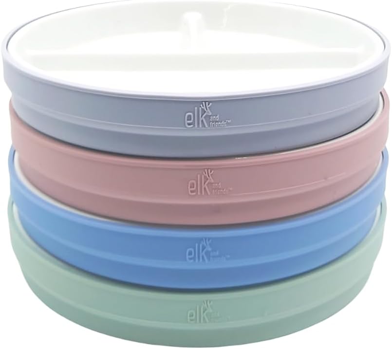 Elk and Friends Kids 7.8” Porcelain White Plates with Silicone Sleeves | Divided Plates | Suitable for Kids/Toddlers | Microwave & Dishwasher Safe | Non Slip | Snack Dishes…