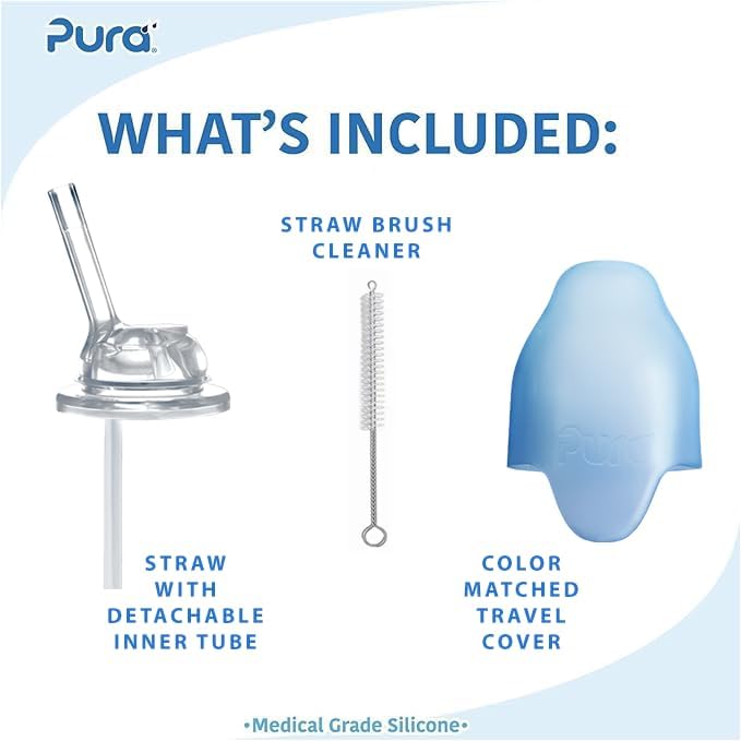 Pura Kiki 11oz/325ml Stainless Steel Straw Bottle w/Sleeve - 100% Plastic-Free, MadeSafe Certified, 100% Medical-Grade Silicone Straw for Kids, Toddlers, Preschoolers, Babies & Infant - New Mint