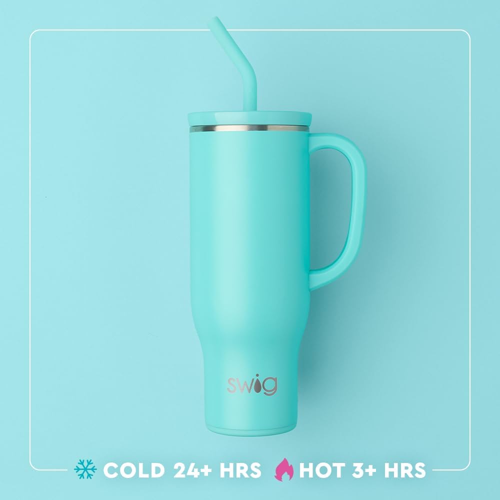 Swig Life 30oz Mega Mug, 30oz Tumbler with Handle and Straw, Large Insulated Tumblers, Cup Holder Friendly Travel Mug, Stainless Steel 30 oz Tumbler, Reusable Insulated Water Bottle (Brite Stripe)
