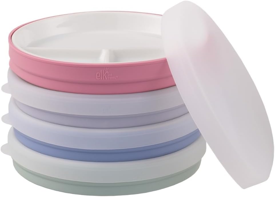 Elk and Friends Kids 6.7” Porcelain Divided Plates with Silicone Sleeves + Silicone Lids | Suitable for Babies/Kids/Toddlers | Microwave & Dishwasher Safe | Non Slip | Snack Dishes