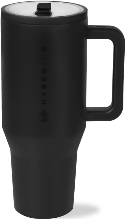 HydroJug Traveler - 32 oz Water Bottle with Handle & Flip Straw - Fits in Cup Holder, Leak Resistant Tumbler-Reusable Insulated Stainless Steel & Rubber Base - Gifts for Women & Men, Black