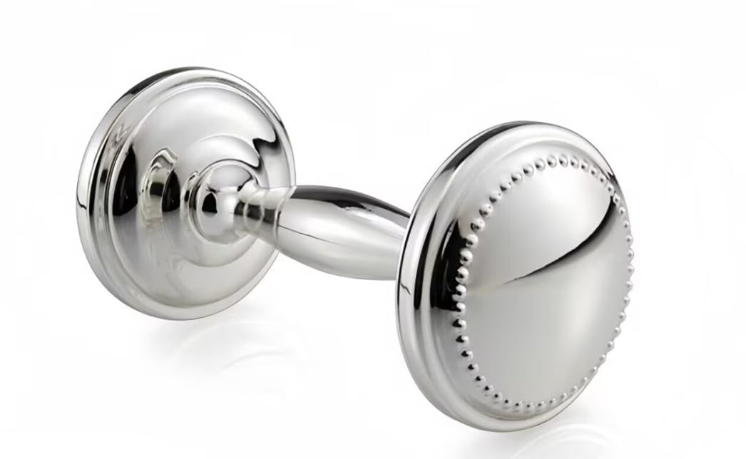Silver Plated Beaded Dumbbell Rattle for Newborn Baby boy and Baby Girl - Non-tarnishing, Durable, and Custom Engraveable Gift - Packaged in a Beautiful Gift Box