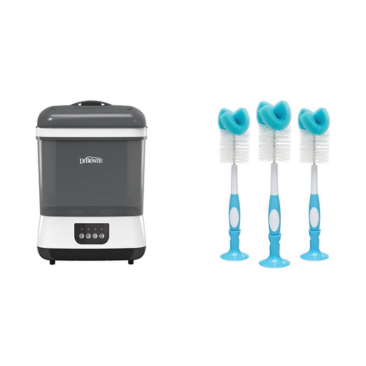 Dr. Brown's All-in-One Sterilizer and Dryer for Baby Bottles, Parts & Other Newborn Essentials & Baby Bottle Cleaning Brush with Sponge and Scrubber - Blue - 3-Pack