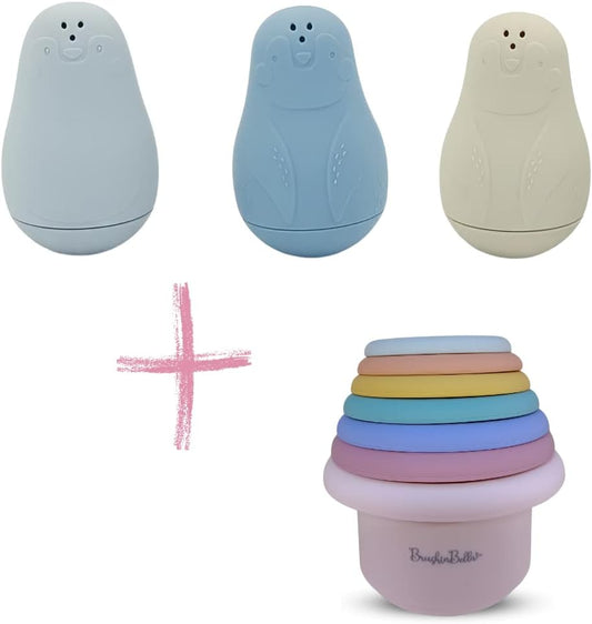 Silicone Bath Toys, Dishwasher-Safe Baby Toys, Toddler Toys, Montessori Stackable Cups, Cleanable Bath Toys for Baby and Toddler, Baby Bath Essentials, Tub Toys, 4-Pack, Blue