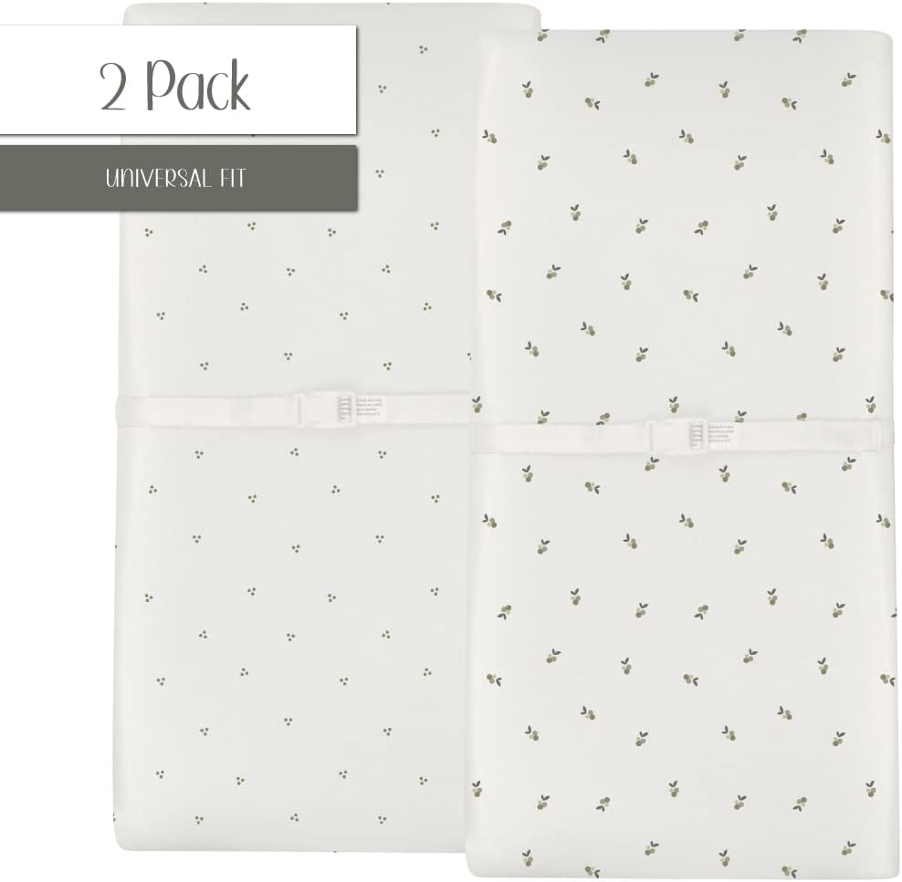 Ely's & Co. Patent Pending Waterproof Changing Pad Cover Sheets, 100% Cotton with Waterproof Lining – 2 Pack Fitted Cradle Sheet Set, Berry and Cluster Dot (Sage) 34” x 17”
