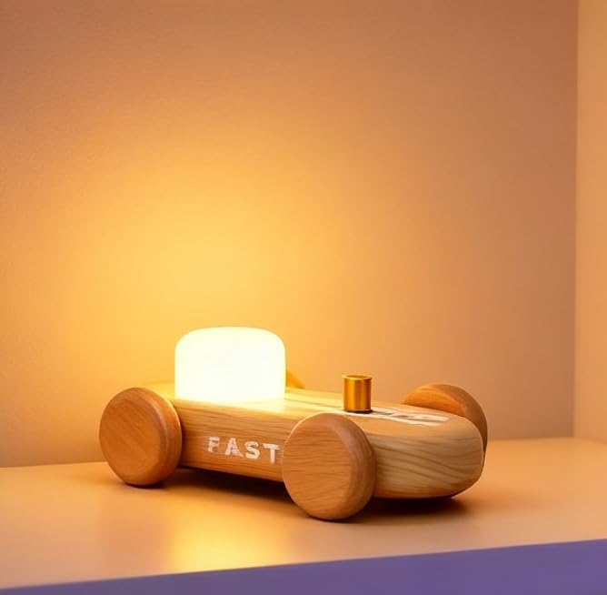 Wooden Go-Kart Night Light for Kids, 7 Color Adjustable, USB Rechargeable (Burlywood)