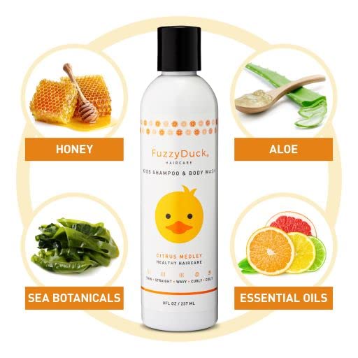 FuzzyDuck Kids Tear Free Shampoo & Body Wash – Natural Hair Products for Kids Made with Aloe, Sea Botanicals & Honey, Boost Moisture & Manageability for All Hair Types (Citrus Medley, 8oz)