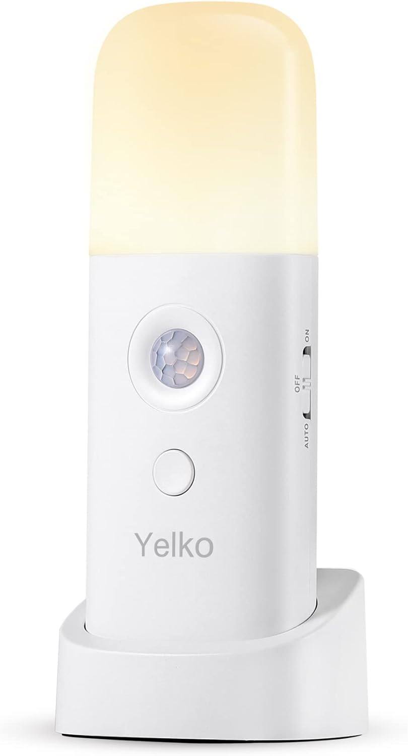 YELKO Motion Sensor Night Light, 2000mAh Rechargeable Night Lights Battery Powered, PortableＤimmable Nightlights with 5 Brightness Levels for Kids,Adults (Warm White 1Pack)