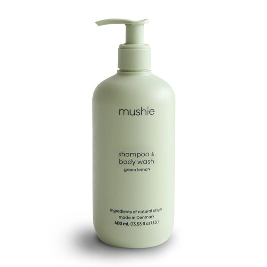 mushie Baby Shampoo & Body Wash | Gentle Formula for Delicate Skin | Certified Organic | Made in Denmark, 13.53 fl oz (Green Lemon)