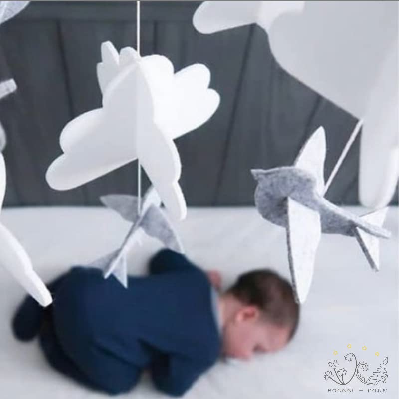 Baby Crib Mobile (Birds and Clouds) - Nursery Decor Ceiling Mobile for Boys & Girls - Crib Accessories - Grey & White