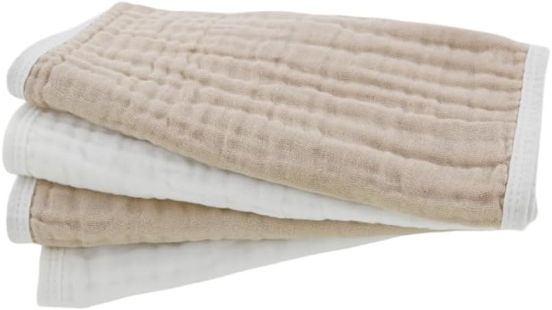 Synrroe Burp Cloths Large, Muslin Burp Cloths for Baby Girls and Boys, Pack of 4 Extra Absorbent and Soft Muslin Bibs, 6 Layers 20 by 10 Inches 100% Cotton (White and Brown 4 Pack)