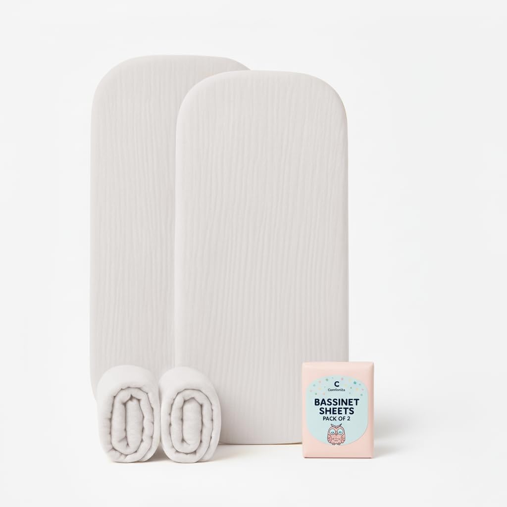Muslin Bassinet Sheets 33x17 Inches White Bassinet Sheets Rectangle/Oval 2 Pack, Soft Fitted Bassinet Mattress Cover, Safe for Boy or Girl, Breathable Muslin, Easy Fit, No More Loose, Unsafe Sheets