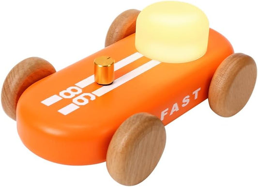 Wooden Go-Kart Night Light for Kids, 7 Color Adjustable, USB Rechargeable (Orange)