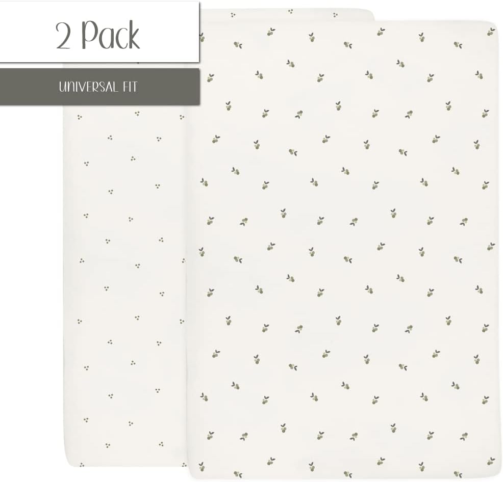 Ely's & Co. Patent Pending Waterproof Pack and Play Sheets, 100% Cotton with Waterproof Lining – 2 Pack Fitted Mini Crib Sheet Set, Berry and Cluster Dot (Sage) 38” x 24”