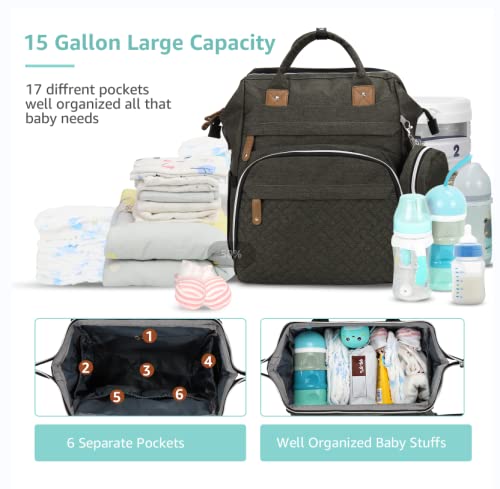 DERJUNSTAR Diaper Bag Backpack, Large Baby Bag with Changing Pad, Thick Padded Back & Straps, Laptop Compartment, Waterproof Travel Backpack with USB Port, Multi-Function for Mom & Dad, Army Green