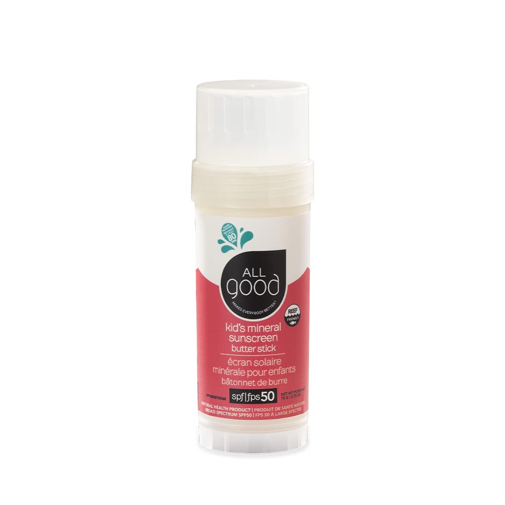 All Good Baby & Kids Mineral Sunscreen Butter Stick for Face, Nose, Ears - UVA/UVB Broad Spectrum SPF 50, Coral Reef Friendly, Water Resistant, Zinc Oxide, Coconut Oil, Beeswax, Vitamin E (2.75 oz)