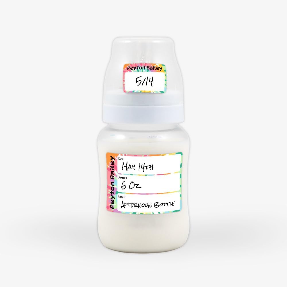 Name Bubbles - Reusable Baby Bottle Labels for Daycare (20 Labels) - Kids Washable Name Tags for Bottles, Sippy Cups, & Snack Containers, Waterproof, Baby Name Stickers, Write-On (Tie-Dye Art)