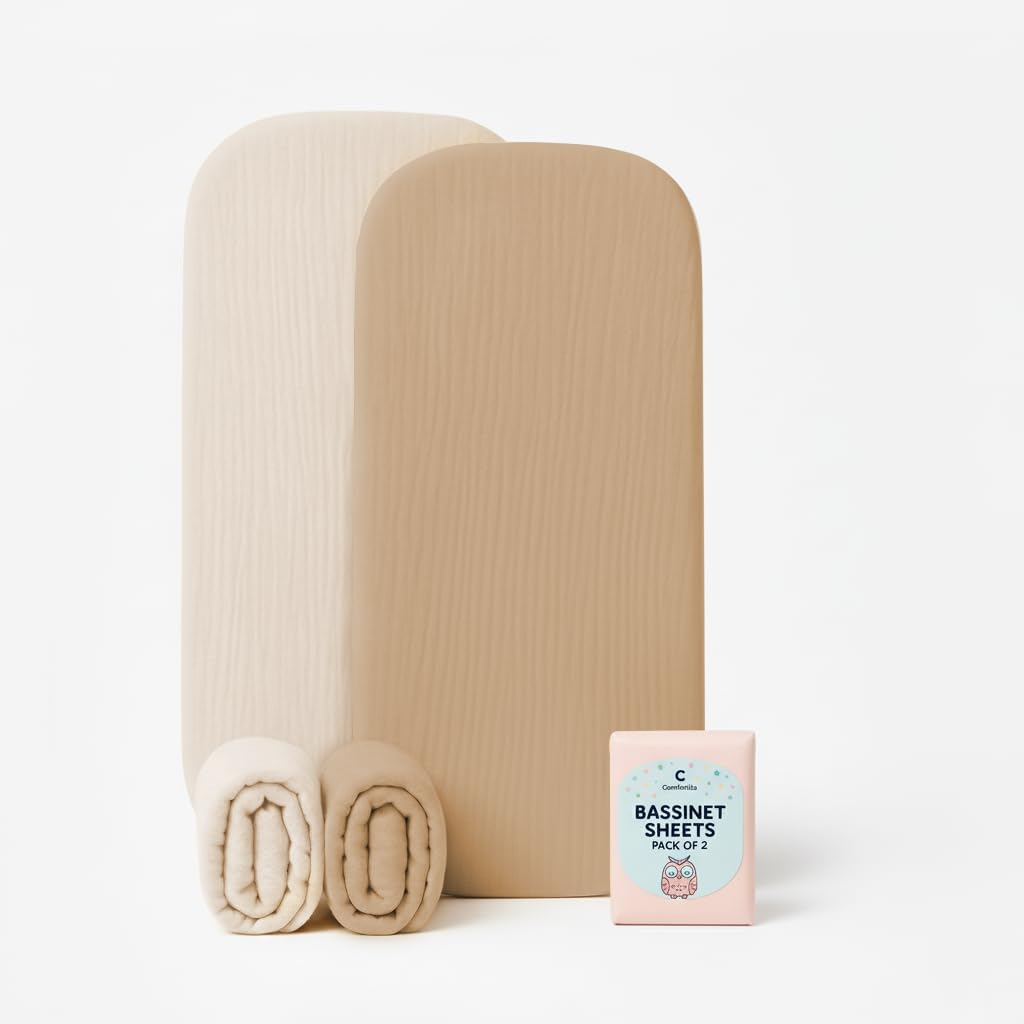 Bassinet Sheets 33x17 Inches 2 Pack Light Brown & Beige Neutral Bassinet Sheets Boy/Girl, Soft Fitted Bassinet Sheet for Oval & Rectangle Mattress, Stay Snug Design, Gentle, Breathable