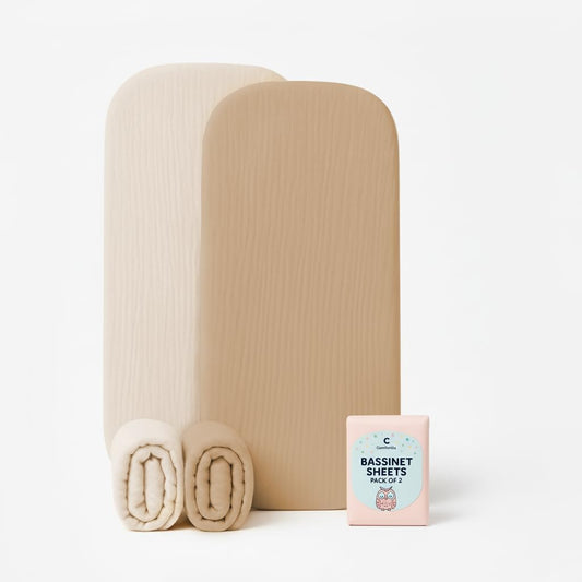 Bassinet Sheets 33x17 Inches 2 Pack Light Brown & Beige Neutral Bassinet Sheets Boy/Girl, Soft Fitted Bassinet Sheet for Oval & Rectangle Mattress, Stay Snug Design, Gentle, Breathable