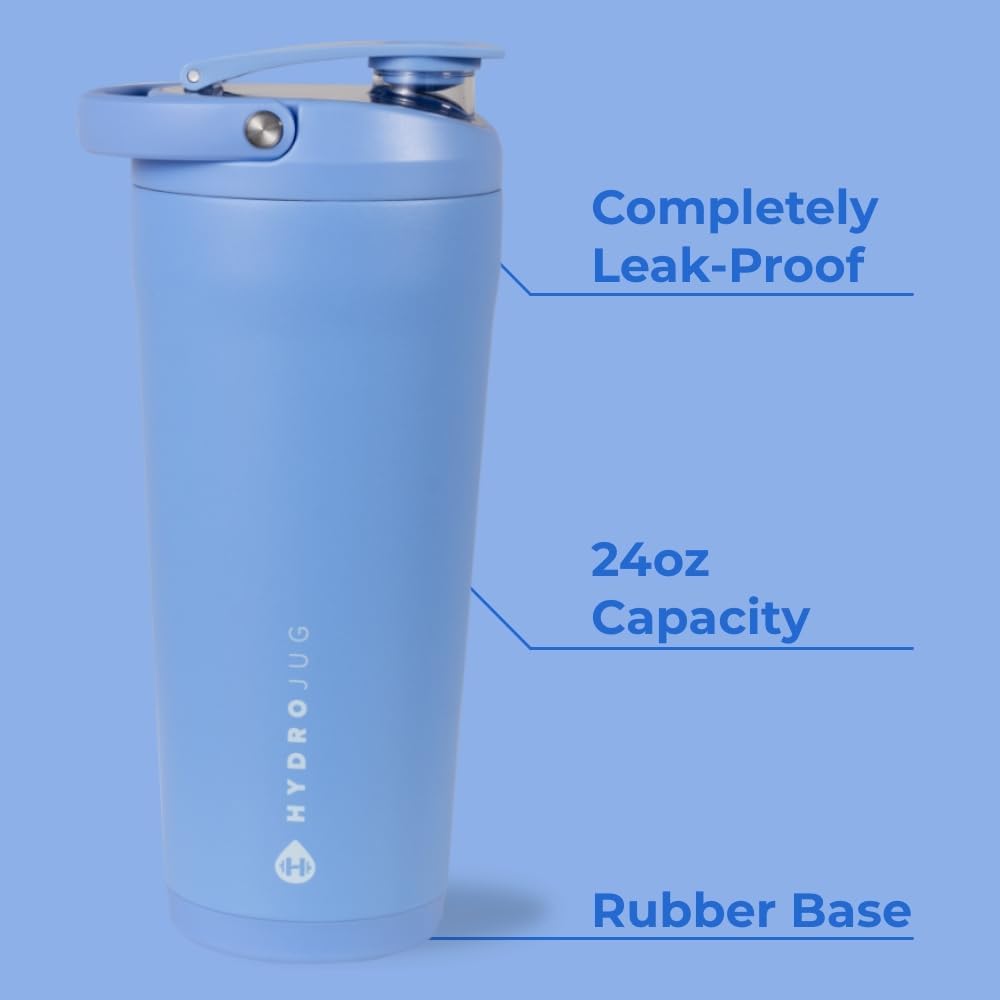 HydroJug 24 oz New Stainless Steel Shaker – Insulated, Leakproof, BPA-Free with Silent Mixing Grate – No Clumps, No Noise – Premium Shaker for Fitness, Sports & Everyday Use, Light Blue