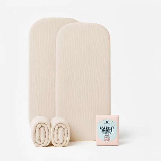 Baby Bassinet Sheets 33x17 Inches, Muslin Fabric Pack of 2 Beige Organic Bassinet Sheets Girl/Boy, Soft Breathable Fitted Bassinet Mattress Sheets, No Shrinking or Loose Corners, Safe & Cozy