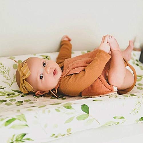 Stretchy Changing Pad Cover – Ultra Soft Diaper Changing Pad Table Sheets for Girls Boys Pure Cotton Safe and Snug Cradle Sheets Machine Washable Fit 32"/34'' x 16"Pad (Green Leaf + Flower)…