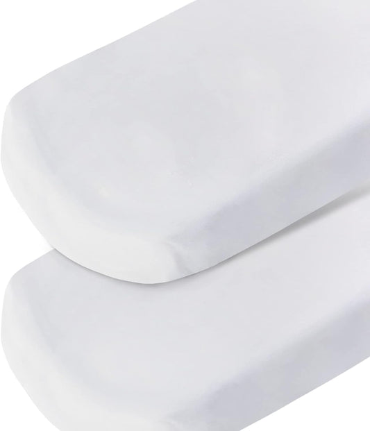 Bassinet Sheet 2 Pack Cotton Fitted Sheets Set for Oval Rectangle Hourglass Bassinet Mattress and Moses Baskets, Super Soft and Breathable Cover for Baby Girl Boy 32''x16''x4'', White