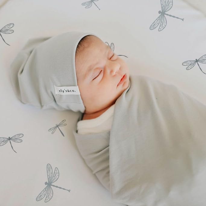 Ely’s & Co. Bassinet Sheets, Baby Boy Fitted Bassinet Mattress Sheet Set - 2 Pack, 100% Jersey Knit Cotton, fits Oval, Hourglass and Rectangle Mattress, 32”x16”x3” Blue Dragonflies + Stripes