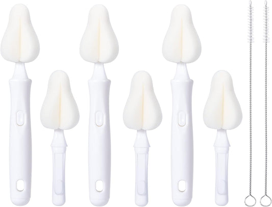 8 Pcs Sponge Nipple Bottle Brushes, Baby Bottle Brush with 3 Pcs Nipple Cleaner, 3 Pcs Replacement Heads and 2 Pcs Straw Brushes, White