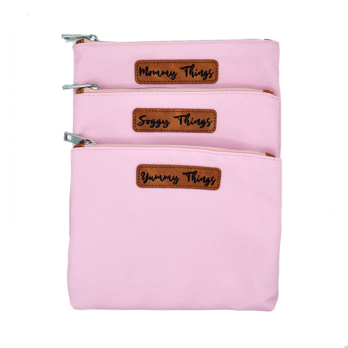Stylish Diaper Bag Organizing Pouches - XL Set of 4 Pink Canvas Diaper Bag Pouches with Leather Embossed Labels, Leather Wristlet Strap & Durable Metal Zippers