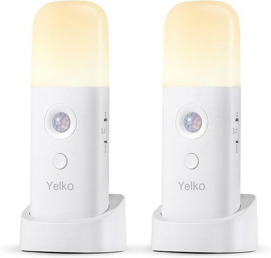 YELKO Motion Sensor Night Light, 2000mAh Rechargeable Night Lights Battery Powered, PortableＤimmable Nightlights with 5 Brightness Levels for Kids,Adults (Warm White 2Pack)