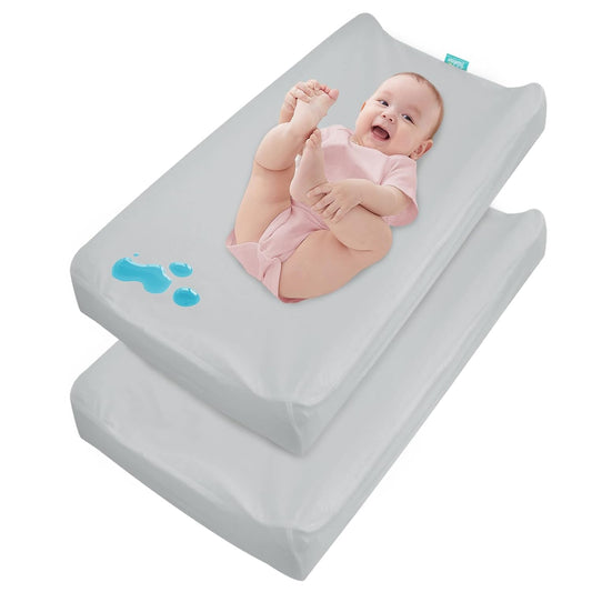 Changing Pad Cover Waterproof, 2 Pack Diaper Change Table Sheets for Baby Boys Girls, Fitted Cradle Sheets for 32"x16" Contoured Pad, Breathable & Ultra Soft, Grey