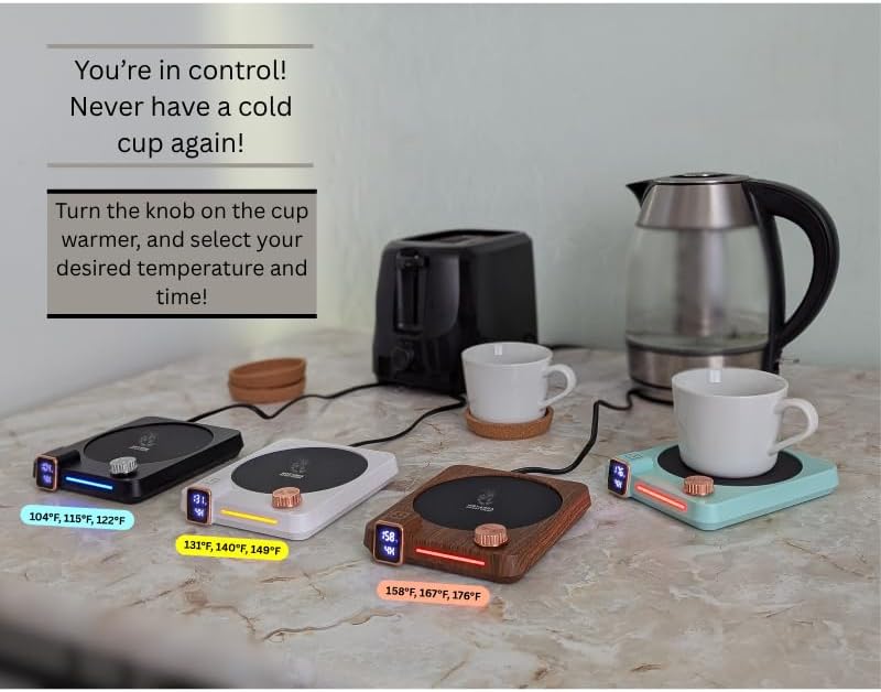Hot Drink Beverage Warmer. Coffee, Milk, Tea, Cappuccino, Mocha, Candles, Dial Tempreture and Digital Display. Desk, Office, Workplace. 105F- 176F. 4 Hour shutoff, 1-12 Hour Schedule. (Walnut)