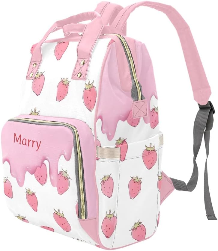 Pink Strawberry Diaper Bags with Name Waterproof Mummy Backpack Nappy Nursing Baby Bags Gifts Tote Bag for Women