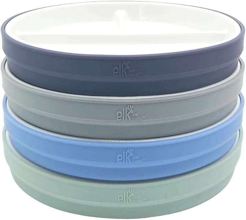 Elk and Friends Kids 7.8” Porcelain White Plates with Silicone Sleeves | Divided Plates | Suitable for Kids/Toddlers | Microwave & Dishwasher Safe | Non Slip | Snack Dishes