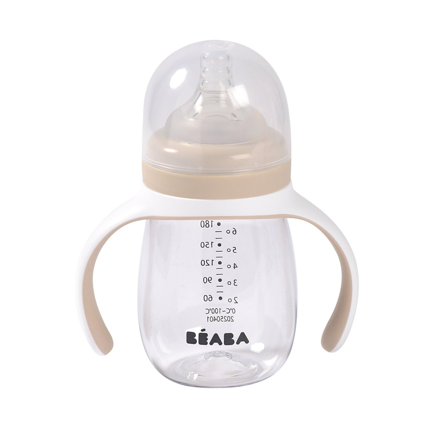 BEABA 2-in-1 Baby Bottle to Transition Sippy Cup, No Spill Sippy Cup, Includes Removable Handles, Silicone Baby Bottle Nipple and Soft Spout, 7 oz Oat