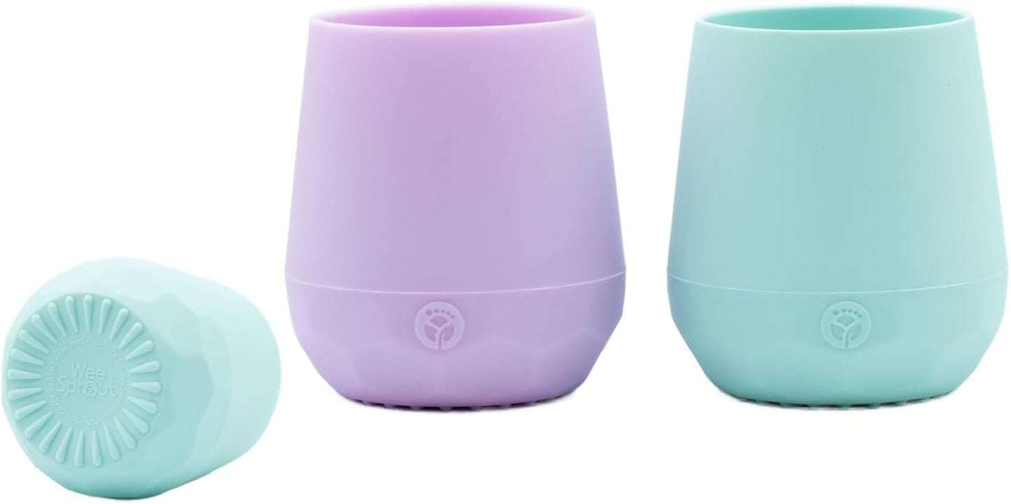 WeeSprout Silicone Baby Training Cups - Set of 2 Soft Silicone Cups - 2 oz Open Cup for Baby 6+ Months - Non-Slip Grip, Weighted Base - Gentle on Gums & Teeth (Pastel Purple & Pastel Mint)